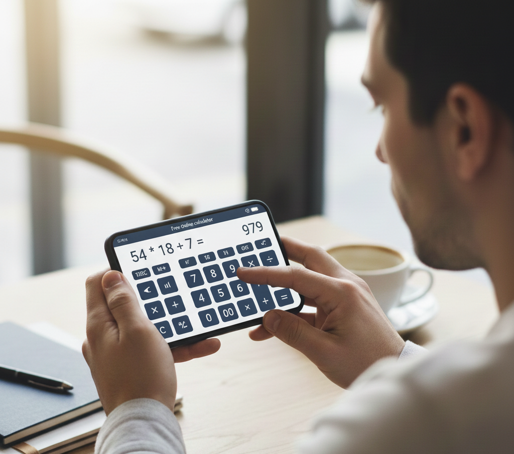 Person using free online calculator on mobile phone for quick calculations